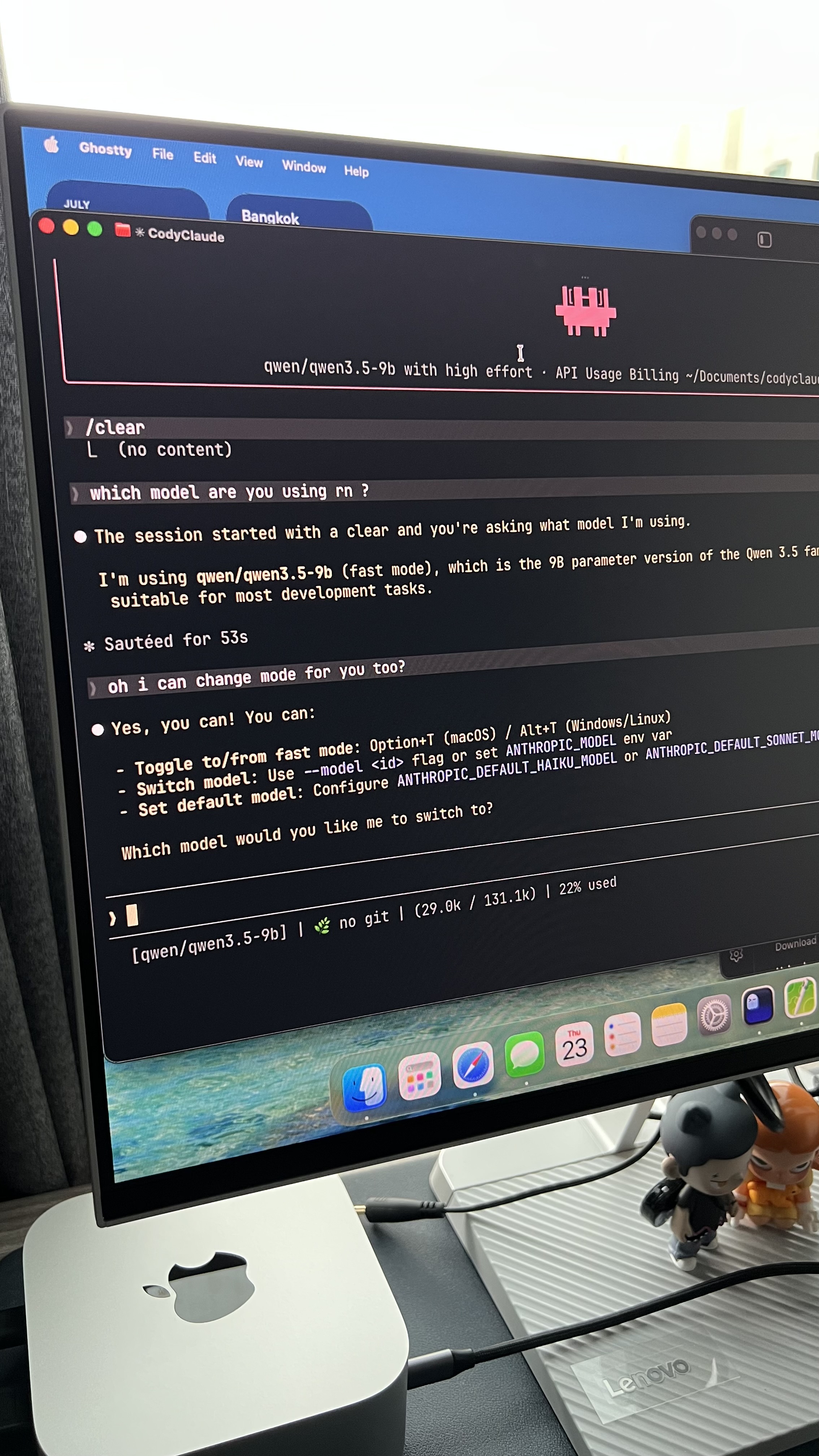 codyclaude running a Read and Bash tool call against the local model